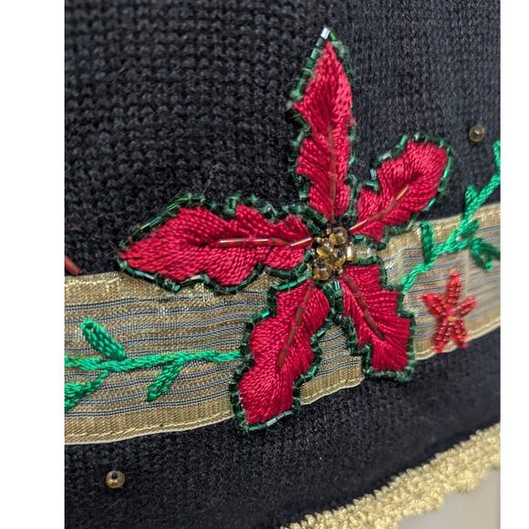 Vintage Studio Joy black beaded holiday christmas Poinsetta sweater size large - Picture 6 of 8